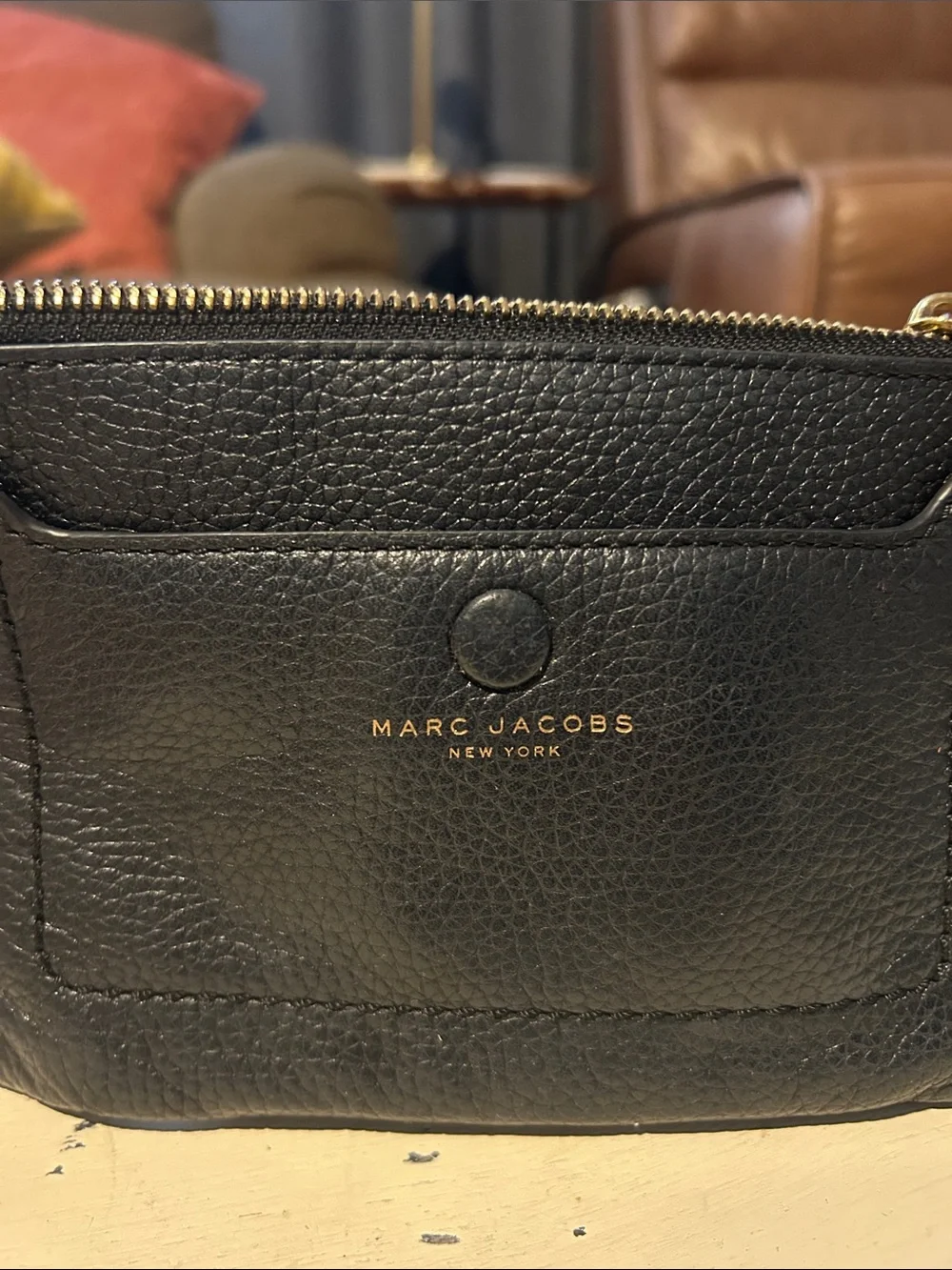 Marc Jacobs Navy Pebbled Leather Wristlet with Gold Logo